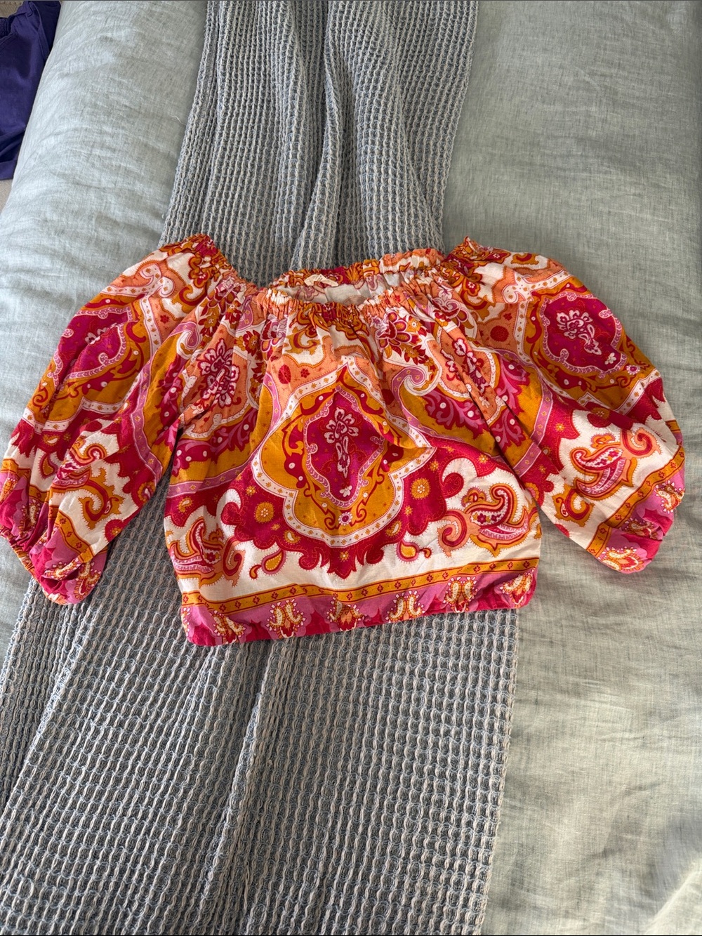 Haute Hippie Pink and Orange Paisley Off-Shoulder Blouse